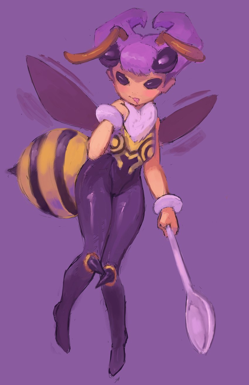 blush breasts camel_toe clothed clothing cutlery female fingers hair holding_object kitchen_utensils purple_hair simple_background solo spoon tongue tongue_out tools topwear wings null_skull capcom darkstalkers q-bee animal_humanoid arthropod arthropod_humanoid bee bee_humanoid humanoid hymenopteran hymenopteran_humanoid insect insect_humanoid mammal absurd_res digital_media_(artwork) hi_res