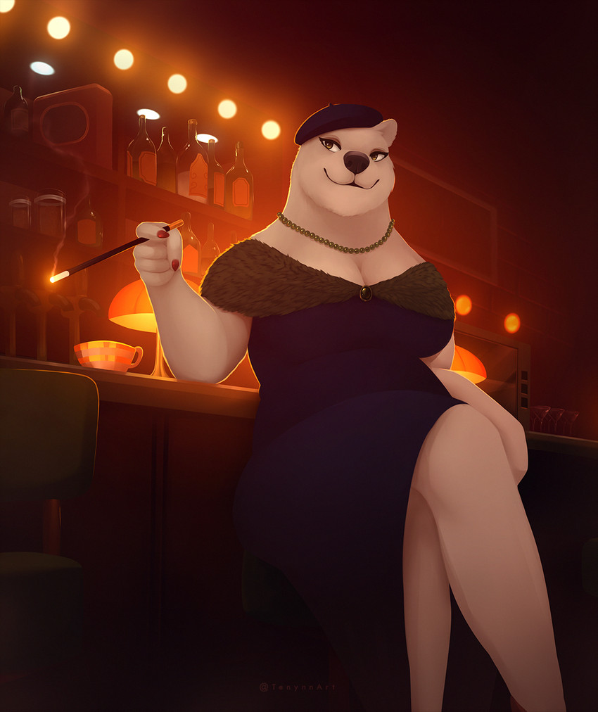 alcohol anthro bar bar_stool beret beverage big_breasts breasts brown_eyes cigarette_holder cleavage clothed clothing crossed_legs curvy_figure detailed_background eyeshadow female fur furniture gem hat headgear headwear inside jewelry makeup mature_anthro mature_female necklace painted_claws pearl_(gem) pearl_necklace sitting slit_dress smile solo stool voluptuous white_body white_fur tenynn tails_noir clarissa_bloodworth bear mammal polar_bear ursine 2021 digital_media_(artwork) hi_res shaded