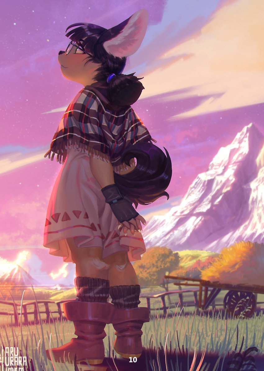 anthro backlighting boots brown_hair clothing detailed_background dress eyewear female fence fingerless_gloves footwear fur glasses gloves hair hands_behind_back handwear hay kemono light looking_offscreen morning mountain scenery shawl shoes socks solo star tan_body tan_fur three-quarter_view vehicle wagon young young_female aruurara meme_(aruurara) canid canine mammal 2017 hi_res lighting