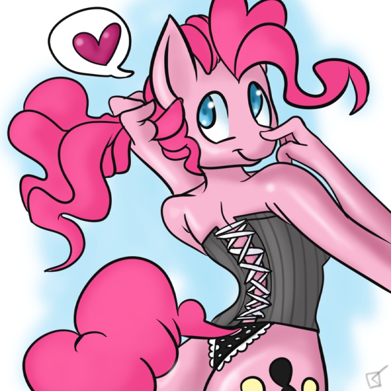 anthro anthrofied blue_eyes clothing corset cutie_mark female fur hair heart_symbol lace lacing lingerie panties pink_body pink_fur pink_hair ponytail smile solo topwear underwear fauxsquared friendship_is_magic hasbro my_little_pony pinkie_pie_(mlp) earth_pony equid equine horse mammal pony 1:1 2013