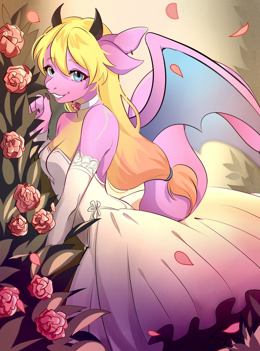 anthro biped blonde_hair choker clothed clothed_anthro clothed_female clothing dress female female_anthro flower hair horn jewelry looking_at_viewer necklace plant smile solo tail wedding_dress wings litchi666 mythology lily_(lily960) dragon mythological_creature mythological_scalie scalie cel_shading digital_drawing_(artwork) digital_media_(artwork) hi_res shaded