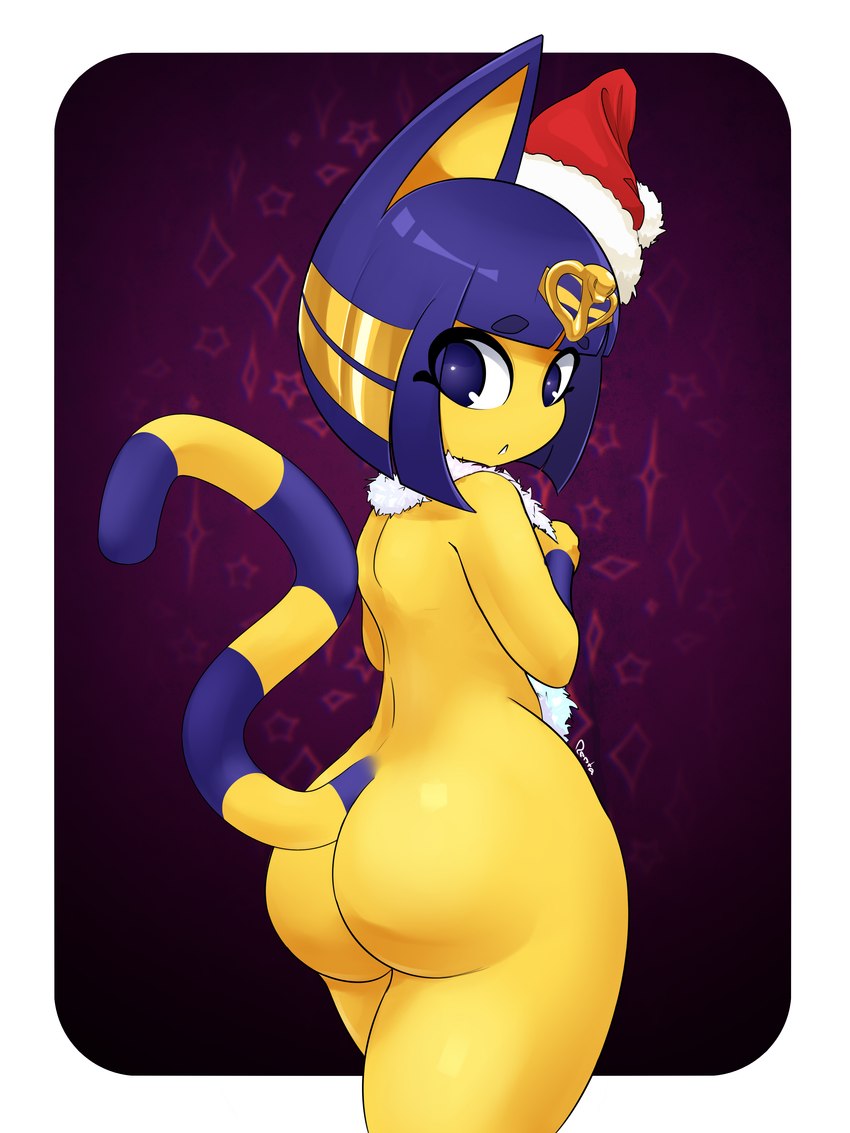 blue_eyes blue_hair breasts butt butt_focus christmas_clothing christmas_headwear clothing female hair hat headgear headwear holidays looking_at_viewer markings nude open_mouth raised_tail rear_view santa_hat solo striped_markings striped_tail stripes tail tail_markings uraeus yellow_body yellow_inner_ear renta animal_crossing christmas nintendo ankha_(animal_crossing) domestic_cat felid feline felis mammal 3:4 absurd_res digital_media_(artwork) hi_res