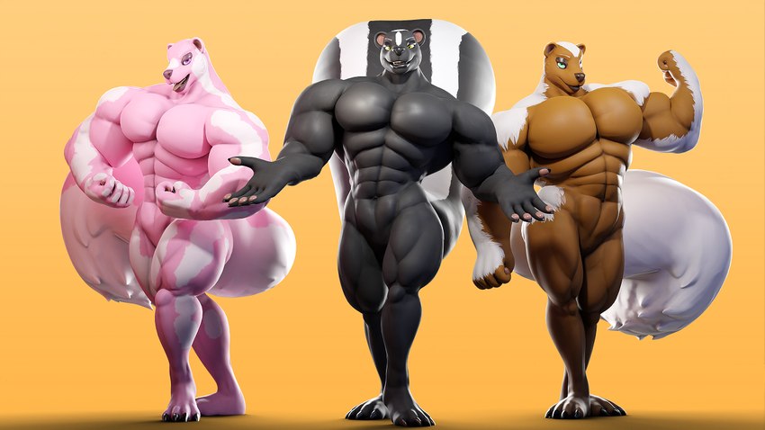 andromorph andromorph/male anthro big_muscles black_body brown_body flexing flexing_bicep fluffy fluffy_tail gesture gesturing_at_viewer group huge_muscles intersex intersex/male lips lipstick looking_at_viewer makeup male muscle_tone muscle_worship musclegut muscular muscular_andromorph muscular_anthro muscular_intersex pink_body pulp tail trio wolke skunk_hunk_(wolke) mammal mephitid mustelid musteline skunk 16:9 widescreen