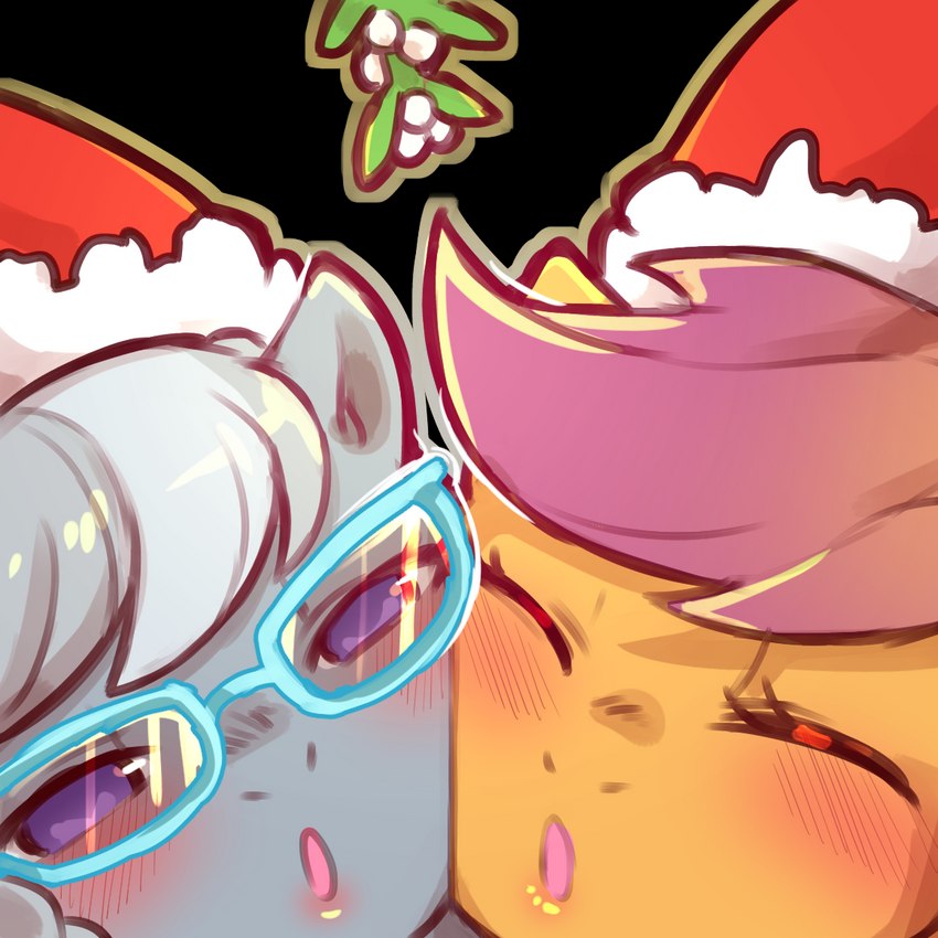 blush christmas_clothing christmas_headwear clothing duo eyes_closed eyewear female female/female feral glasses half-closed_eyes hat headgear headwear holidays imminent_kiss mistletoe narrowed_eyes open_mouth plant santa_hat simple_background transparent_background cold-blooded-twilight christmas friendship_is_magic hasbro my_little_pony scootaloo_(mlp) silver_spoon_(mlp) earth_pony equid equine horse mammal pony 1:1 alpha_channel young_(lore)