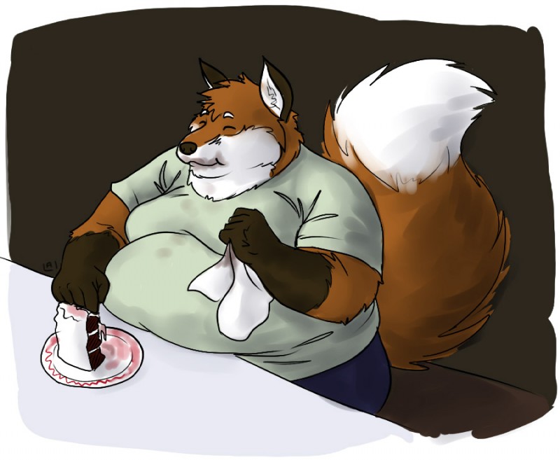 anthro belly big_belly biped brown_body brown_fur cake clothed clothing cutlery dessert dipstick_tail eating eyes_closed food fork fur holding_object inside kitchen_utensils male markings moobs multicolored_tail napkin obese obese_anthro obese_male orange_body orange_fur overweight overweight_anthro overweight_male plate simple_background sitting smile solo tail tail_markings tools white_body white_fur fluffylai canid canine fox mammal