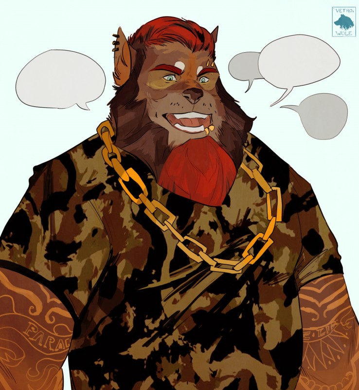 anthro arm_tattoo beard cameo clothed clothing ear_piercing facial_hair facial_piercing hair jewelry lip_piercing male multiple_piercings muscular muscular_anthro muscular_male necklace open_mouth piercing red_hair shirt simple_background sleeve_tattoo solo speech_bubble tattoo topwear vetrowolf canid canine canis mammal wolf 2018 absurd_res hi_res