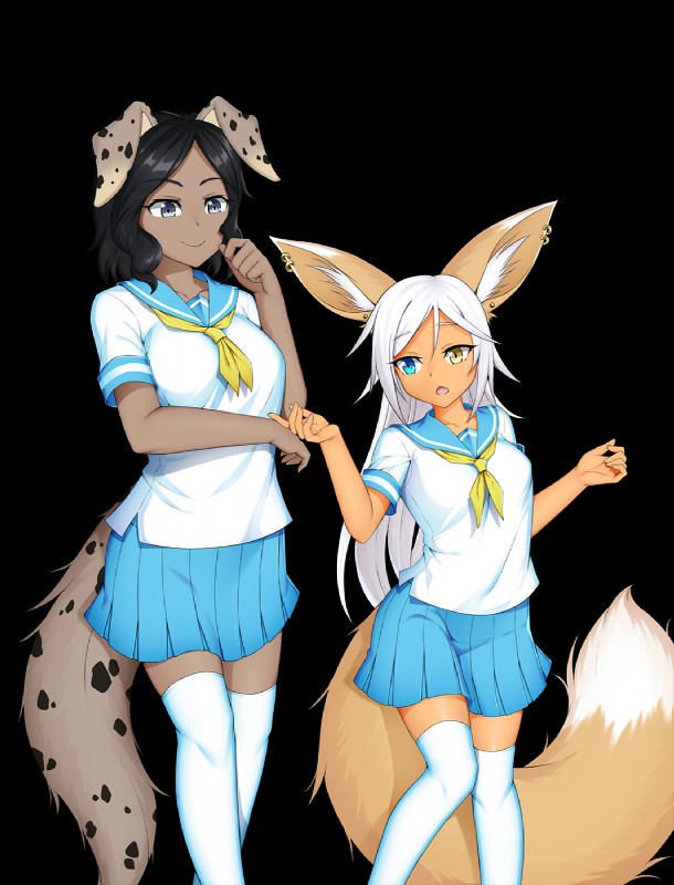 breasts duo female heterochromia minimimineko belladonna_van_eycker rose_dandy-ba canid canine fennec_fox fox hybrid mammal mink mustelid musteline sheprador true_fox true_musteline alpha_channel hi_res