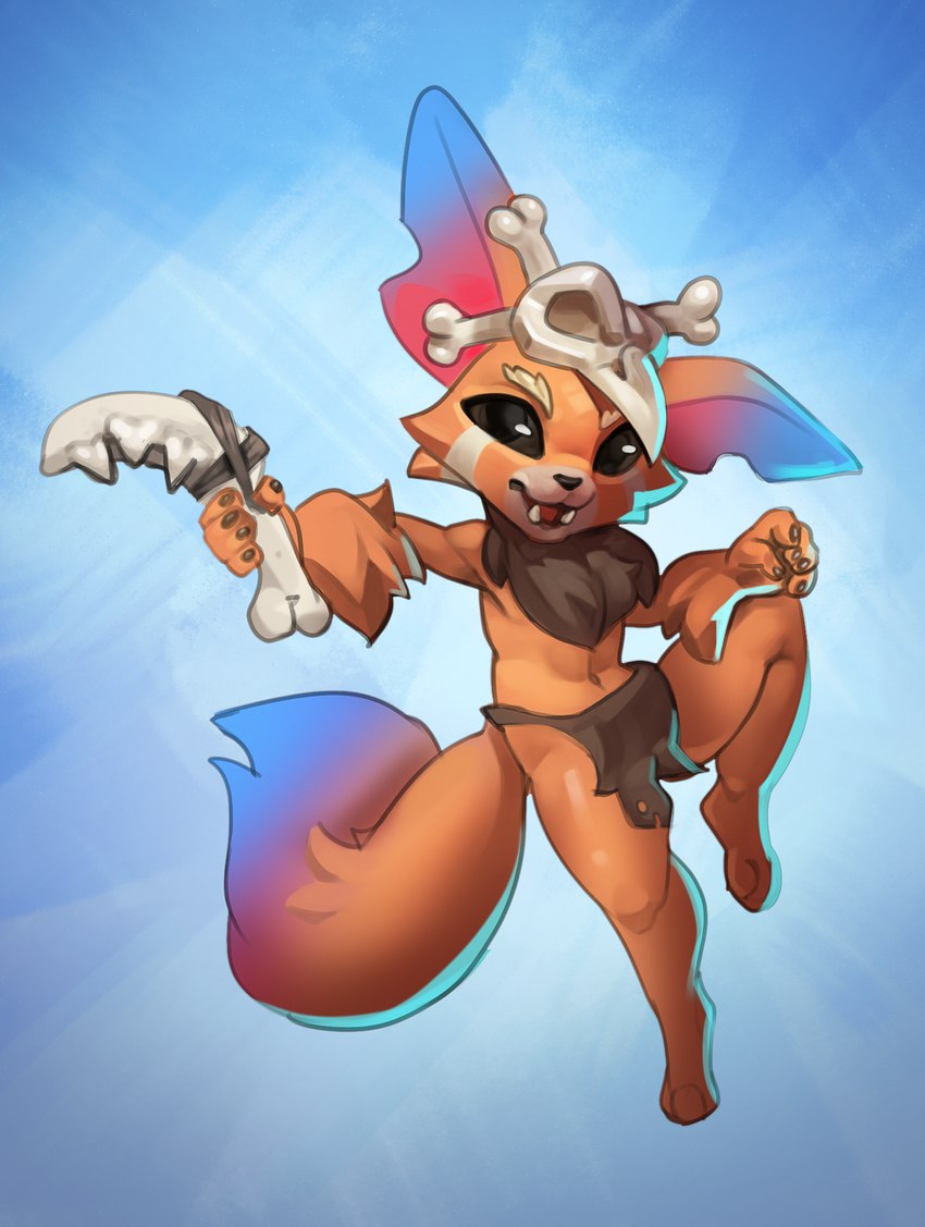 anthro big_ears bone boomerang bottomwear claws clothing fangs fur headgear headwear holding_object holding_weapon looking_at_viewer male markings multicolored_body navel neck_tuft open_mouth orange_body orange_fur purple_markings simple_background skull solo teeth tuft weapon sneakyracc league_of_legends riot_games tencent gnar_(lol) yordle hi_res