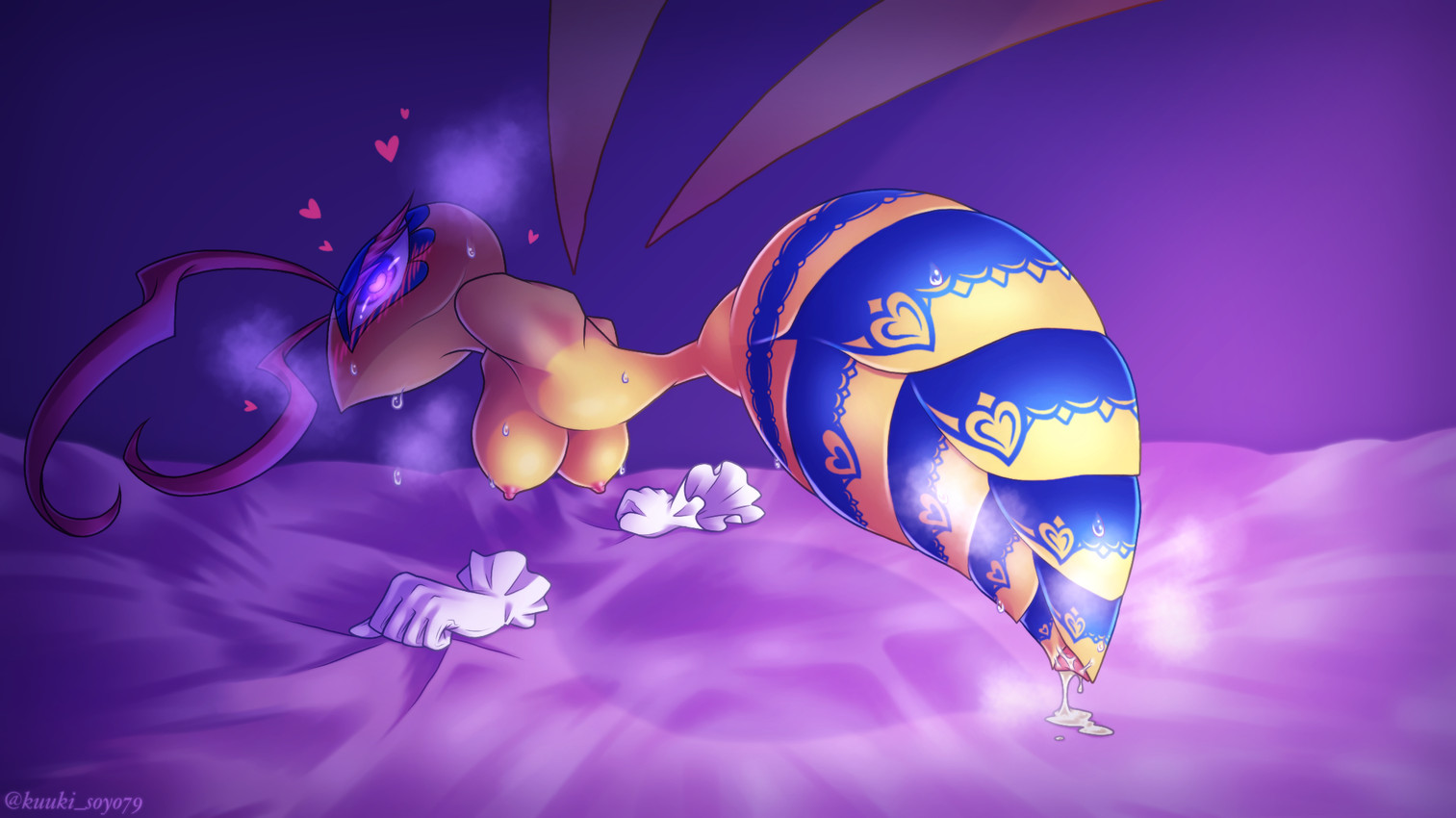 after_sex antennae_(anatomy) anthro armless arthropod_abdomen arthropod_abdomen_genitalia arthropod_abdomen_vulva bed blush blush_lines bodily_fluids breasts breath clothing cum cum_drip cum_from_vagina cum_in_arthropod_abdomen_pussy cum_in_vagina cum_inside cum_on_sheets dripping eyelashes female female_anthro floating_hands furniture genital_fluids genitals gloves gloves_only grabbing_sheets handwear handwear_only heart_(marking) heart_eyes heart_symbol insect_wings legless looking_at_viewer looking_back looking_back_at_viewer looking_pleasured markings mostly_nude mostly_nude_anthro mostly_nude_female mouthless nipples on_bed pink_nipples purple_background purple_eyes rear_view simple_background small_waist solo striped_body striped_markings stripes sweat sweatdrop text three-quarter_view vulva wasp_waist wings yellow_body yellow_breasts yellow_skin kuuki_soyo79 kirby:_triple_deluxe kirby_(series) nintendo queen_sectonia arthropod hymenopteran insect wasp 2020 artist_name digital_drawing_(artwork) digital_media_(artwork) hi_res japanese_description