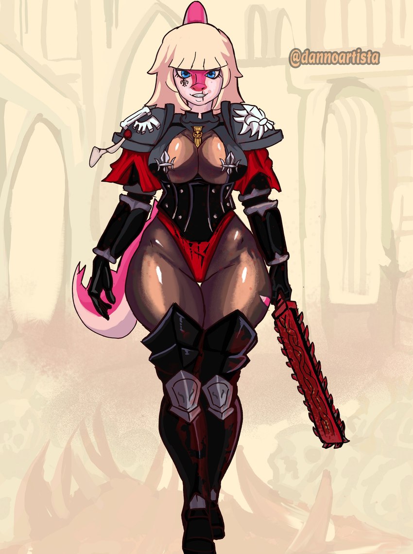 abstract_background adepta_sororitas anthro armor blonde_hair blue_eyes breasts chainsword cosplay crossover_cosplay curvy_figure eyelashes female fingers hair long_hair long_tail looking_at_viewer magenta_body magenta_scales multicolored_body multicolored_scales pink_body pink_scales scales scar smile solo spiked_tail spikes spikes_(anatomy) tail teeth thick_thighs two_tone_body two_tone_scales weapon wide_hips dannoartista cavemanon_studios i_wani_hug_that_gator warhammer_(franchise) warhammer_40000 mia_moretti sister_of_battle dinosaur hadrosaurid ornithischian ornithopod parasaurolophus prehistoric_species reptile scalie 2023 absurd_res artist_name crossover digital_drawing_(artwork) digital_media_(artwork) hi_res watermark