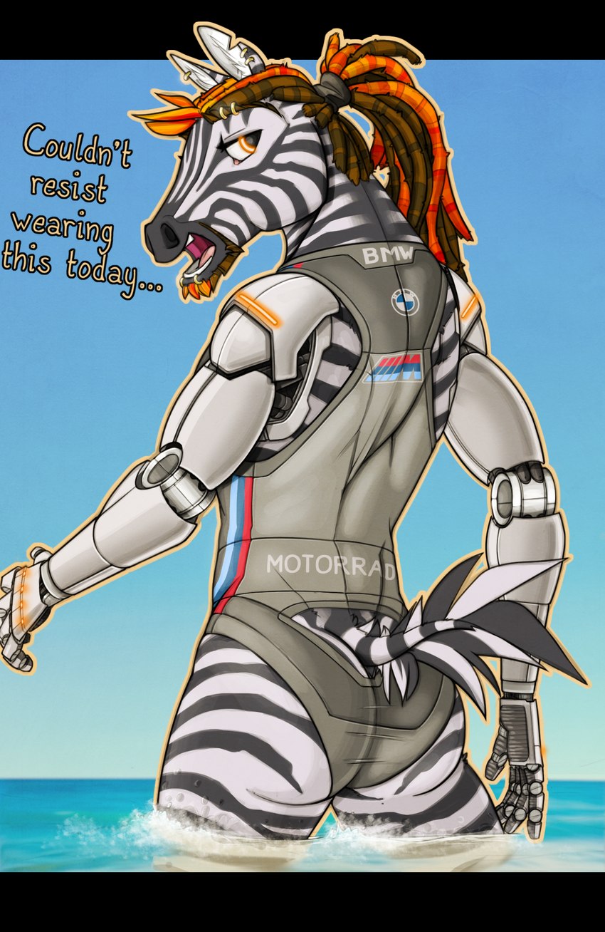 anthro clothing cybernetic_arm cybernetic_limb dreadlocks male solo swimwear text rj_zenith rj_(rj_zenith) equid equine mammal zebra english_text hi_res andromorph_(lore)