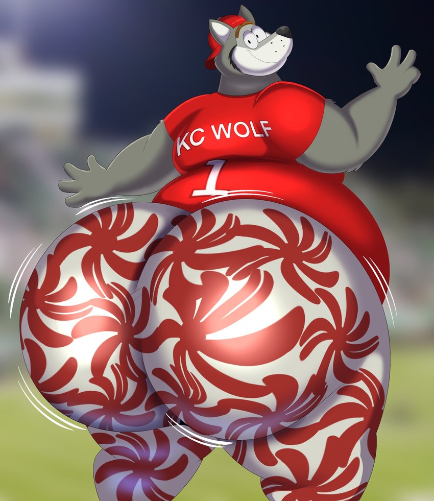 anthro big_butt bottomwear bubble_butt butt clothing glistening glistening_bottomwear glistening_clothing glistening_pants huge_butt hyper hyper_butt jerseys looking_at_viewer looking_back looking_back_at_viewer male mascot obese obese_anthro overweight overweight_anthro overweight_male pants solo thick_thighs tight_bottomwear tight_clothing tight_pants wide_hips megacoolbear_(artist) kansas_city_chiefs nfl k.c._wolf_(kansas_city_chiefs) canid canine canis mammal wolf hi_res