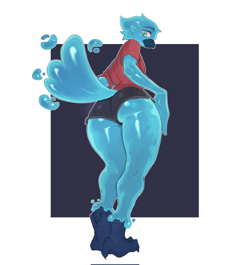 4_toes anisodactyl anthro beak blue_body bottomwear clothed clothed_male clothing feet green_eyes hotpants male minishorts rear_view shirt shorts solo standing t-shirt tail talons toes topwear water water_body bat_bad european_mythology greek_mythology mythology luuklook avian bird elemental_creature mythological_avian mythological_bird mythological_creature mythological_firebird phoenix water_creature hi_res