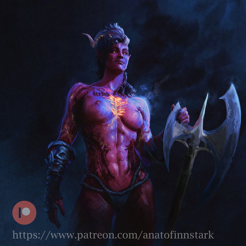 abs axe breasts broken_horn clothed clothing female gloves glowing glowing_chest glowing_eyes glowing_veins hair handwear holding_axe holding_object horn humanoid_pointy_ears looking_at_viewer muscular muscular_female nipples panties partially_clothed red_body red_skin solo standing tattoo text topless underwear anato_finnstark baldur's_gate baldur's_gate_3 bioware dungeons_and_dragons electronic_arts hasbro wizards_of_the_coast karlach humanoid tiefling 1:1 hi_res url