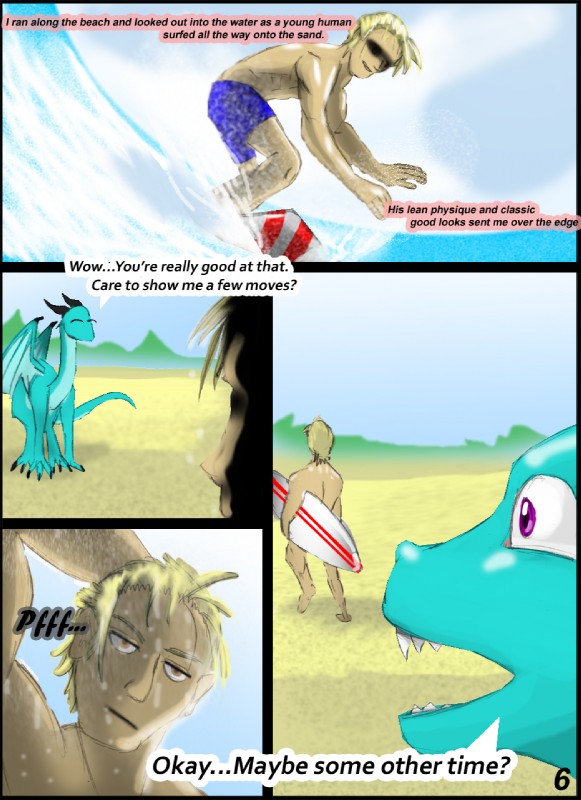 anthro beach dialogue female feral inner_monologue male outside purple_eyes quadruped seaside surfboard surfer surfing tail text thinking vehicle water watercraft wave rastaban_coal mythology leiks dragon human mammal mythological_creature mythological_scalie scalie comic english_text hi_res