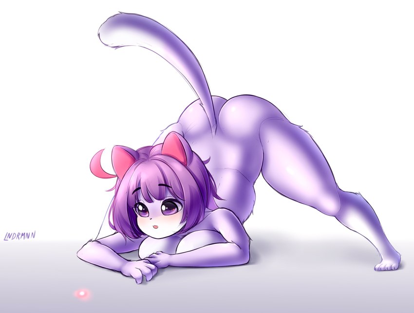 4_fingers anthro ass_up blush breasts butt female fingers fur hair jack-o'_pose laser_pointer nude pose purple_body purple_eyes purple_fur purple_hair purple_tail simple_background solo tail white_body white_fur lndrmnn vkontakte masyunya_(vkontakte) domestic_cat felid feline felis mammal 2022 absurd_res hi_res