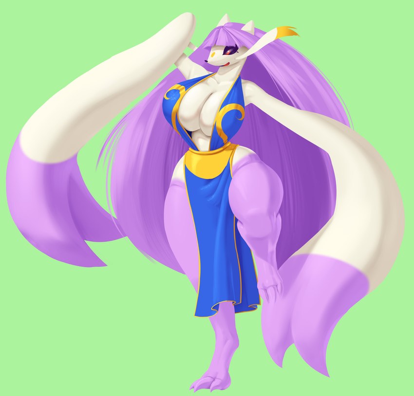 anthro asian_clothing big_breasts bowl_cut breasts chinese_clothing chinese_dress cleavage clothed clothing dress east_asian_clothing female green_background hair purple_hair simple_background solo thick_thighs dibujosv12 nintendo pokemon generation_5_pokemon mienshao pokemon_(species) absurd_res hi_res