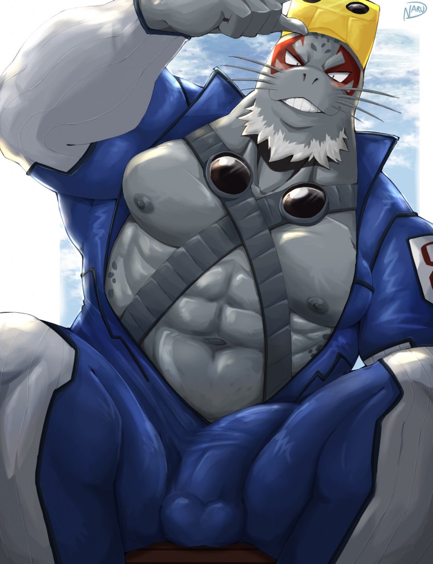 abs anthro balls_outline beard biceps black_eyes blue_clothing blue_suit blush bulge clothing detailed_bulge eyewear facial_hair genital_outline glistening glistening_body goggles grey_body male muscular muscular_anthro muscular_male nipples pecs penis_outline simple_background sitting solo suit superhero teeth whiskers naruever my_hero_academia selkie_(my_hero_academia) mammal marine pinniped seal digital_media_(artwork) digital_painting_(artwork) hi_res portrait shaded signature soft_shading three-quarter_portrait