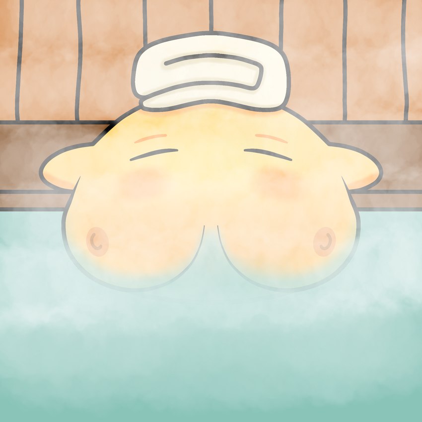 blush breasts eyebrows female nipples not_furry orange_body sauna solo steam towel towel_on_head yellow_body linkzzz league_of_legends riot_games teamfight_tactics tencent sauna_sprite ghost spirit 1:1 hi_res