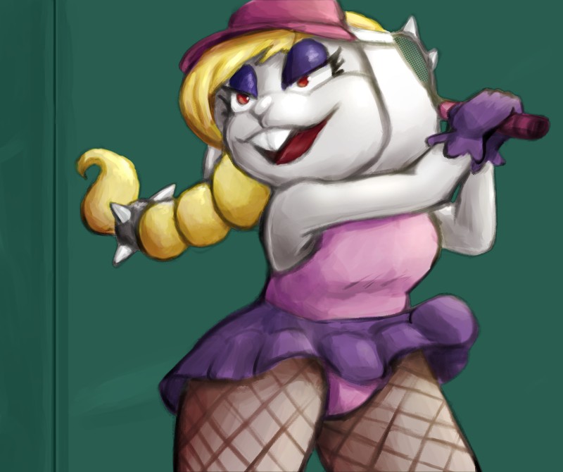 anthro blonde_hair breasts buckteeth clothing eyeshadow female fishnet_clothing gloves hair handwear legwear leotard makeup outside red_eyes short_stack simple_background smile solo sport teeth tennis tennis_racket tights sin-sational sr third-party_edit mario_bros mario_tennis nintendo super_mario_odyssey broodal hariet_(mario) lagomorph leporid mammal rabbit 2018 color_edit colored digital_media_(artwork) hi_res