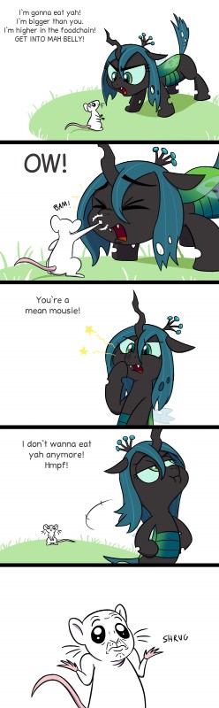 duo fangs female feral hair horn teeth text wings doublewbrothers friendship_is_magic hasbro my_little_pony queen_chrysalis_(mlp) arthropod changeling mammal mouse murid murine rodent 2018 absurd_res comic english_text hi_res