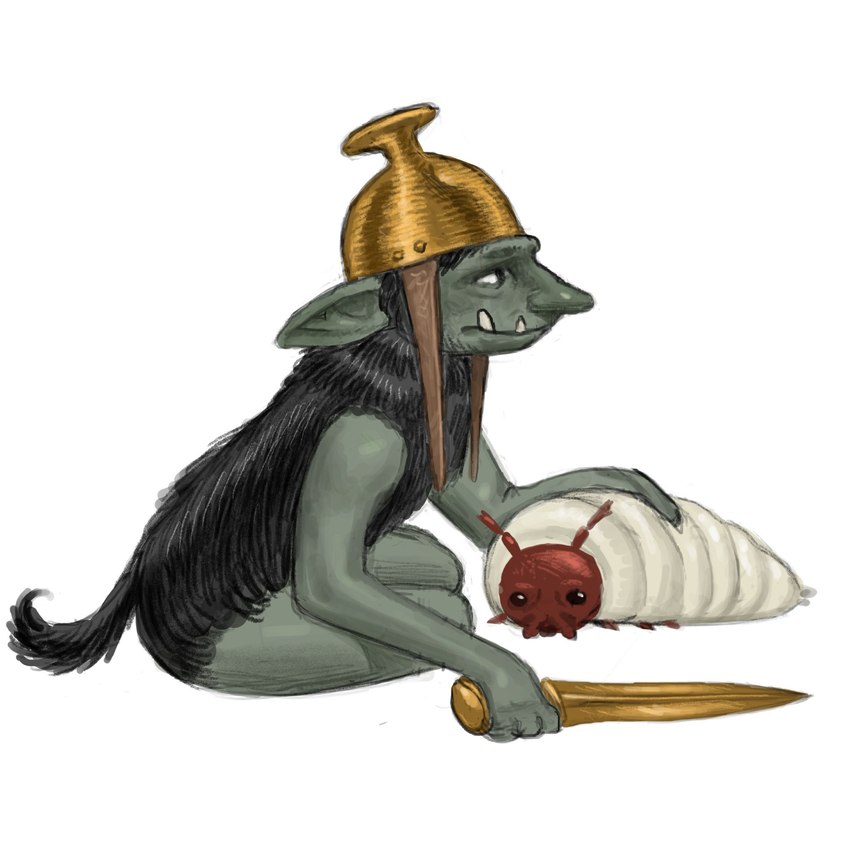 4_fingers 6_legs ambiguous_gender antennae_(anatomy) armor beady_eyes bent_legs black_body black_eyes black_fur black_tail bowl_helmet duo feral fingers fluffy fluffy_tail fur gold_helmet green_body green_skin hand_on_back headgear helmet holding_knife holding_object humanoid_pointy_ears knife larger_humanoid larger_male larva light looking_at_viewer male male_humanoid mouth_closed multicolored_body pointy_ears red_head_(anatomy) simple_background sitting size_difference smaller_ambiguous smaller_feral tail tusks two_tone_body white_background white_body white_skin bingoblin arthropod goblin grub_(insect) humanoid insect tailed_humanoid 1:1 2024 colored digital_drawing_(artwork) digital_media_(artwork) english_description hi_res lighting shaded