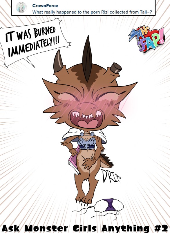 anthro armor blush chibi clothing dialogue female horn humor monster_girl_(genre) scales simple_background solo text punishedkom mhfap! rizl_(mhfap) kobold lizard reptile scalie 2018 comic digital_drawing_(artwork) digital_media_(artwork) english_text hi_res