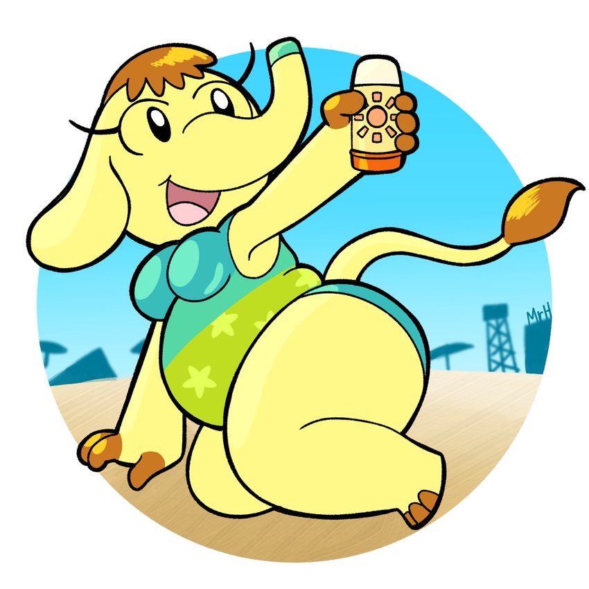 anthro belly breasts brown_hair butt clothed clothing eyelashes female hair looking_back one-piece_swimsuit open_mouth slightly_chubby slightly_chubby_anthro slightly_chubby_female smile solo sunscreen swimwear thick_thighs yellow_body el_senor_erizo animal_crossing nintendo eloise_(animal_crossing) elephant elephantid mammal proboscidean 1:1 hi_res