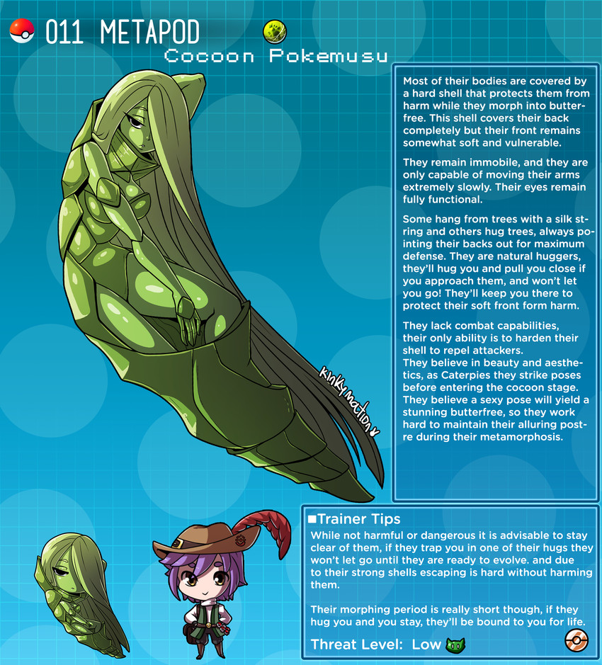 5_fingers alternate_species breasts description duo female fingers green_body green_hair green_skin hair half-closed_eyes humanoidized id_number information information_box information_section long_hair looking_at_viewer narrowed_eyes number pokemorph simple_background solo_focus species_description species_sheet text text_box kinkymation nintendo pokemon animal_humanoid arthropod arthropod_humanoid generation_1_pokemon humanoid insect insect_humanoid metapod pokemon_(species) pokemon_humanoid 2020 digital_media_(artwork) english_text hi_res signature species_name
