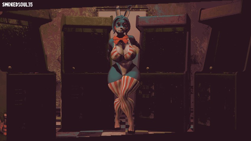 anthro arcade arcade_machine big_breasts bikini bikini_top breasts checkered checkered_floor clothing crossgender female looking_at_viewer machine mtf_crossgender pixelated pose retro simple_background smile solo standing swimwear text thick_thighs topwear two-piece_swimsuit wide_hips smokedsoul35 five_nights_at_freddy's five_nights_at_freddy's_2 scottgames toy_bonnie_(fnaf) animatronic lagomorph leporid mammal rabbit robot 16:9 2024 3d_(artwork) digital_media_(artwork) english_text hi_res widescreen