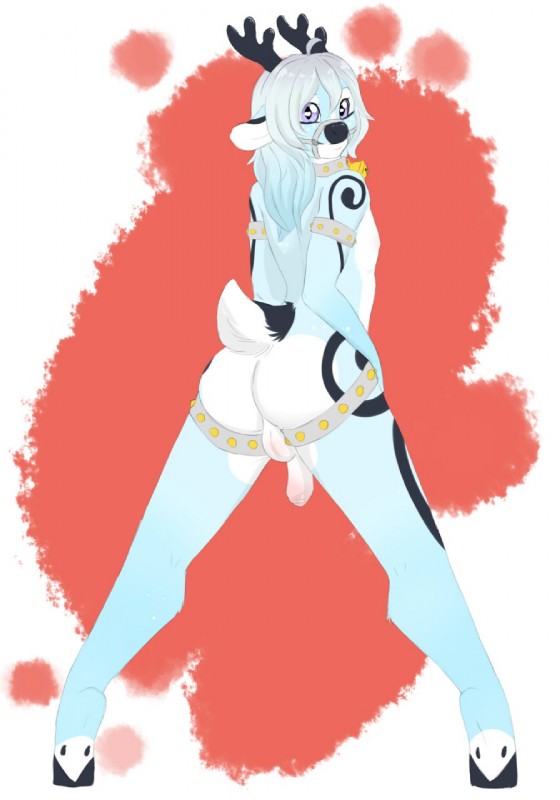 anthro backsack balls biped femboy flaccid foreskin genitals looking_at_viewer looking_back male penis simple_background solo standing babbuful albedo_azura deer mammal hi_res