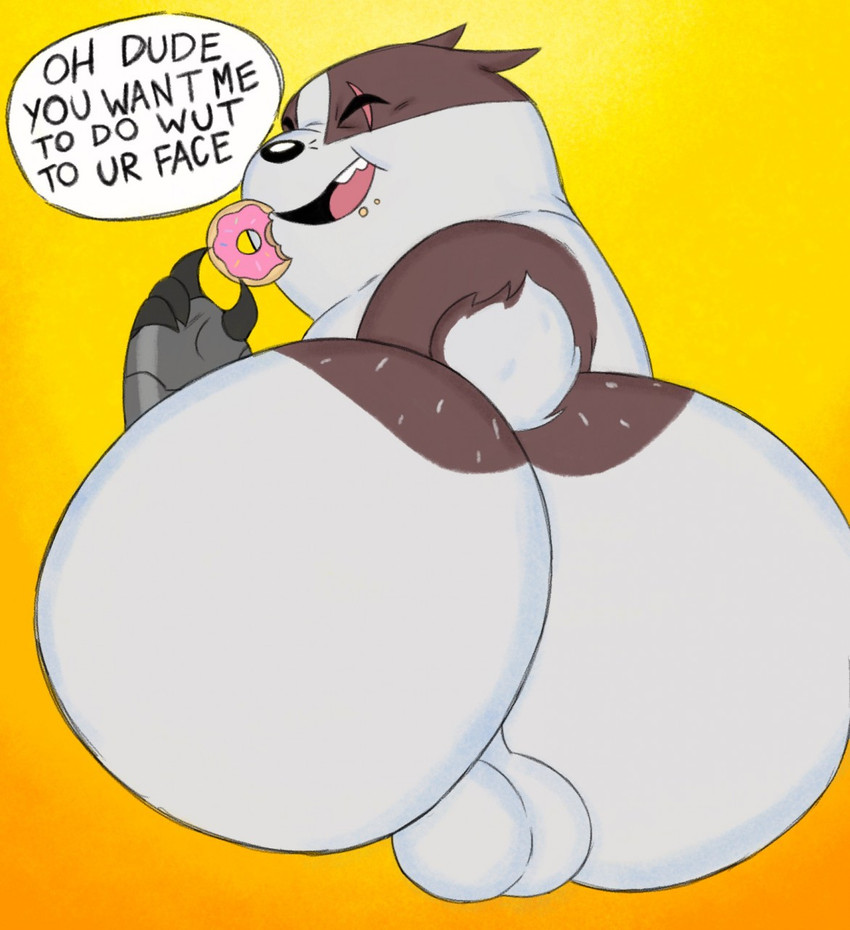 anthro backsack balls big_butt bottom_heavy butt cybernetics dessert dialogue doughnut eating eye_scar facial_scar food genitals machine male overweight overweight_anthro overweight_male pastry scar solo text filthyopossum cartoon_network mao_mao:_heroes_of_pure_heart badgerclops badger cyborg mammal mustelid musteline english_text hi_res