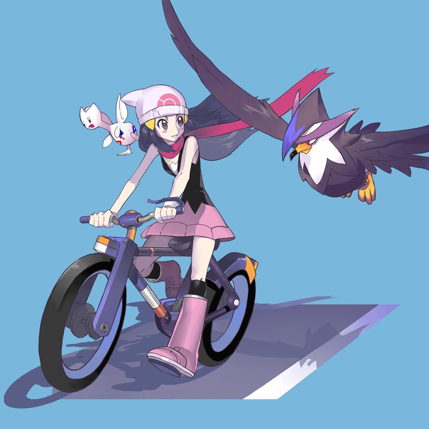 accessory ambiguous_gender beak bicycle black_body blue_background blue_hair blush clothing cycling eyelashes female feral fingers group hair hair_accessory hat headgear headwear looking_at_another road scarf simple_background smile vehicle white_body wings mimogulu nintendo pokemon dawn_(pokemon) pokemon_trainer avian bird generation_2_pokemon generation_4_pokemon human mammal pokemon_(species) staraptor togetic 1:1 2021 absurd_res hi_res