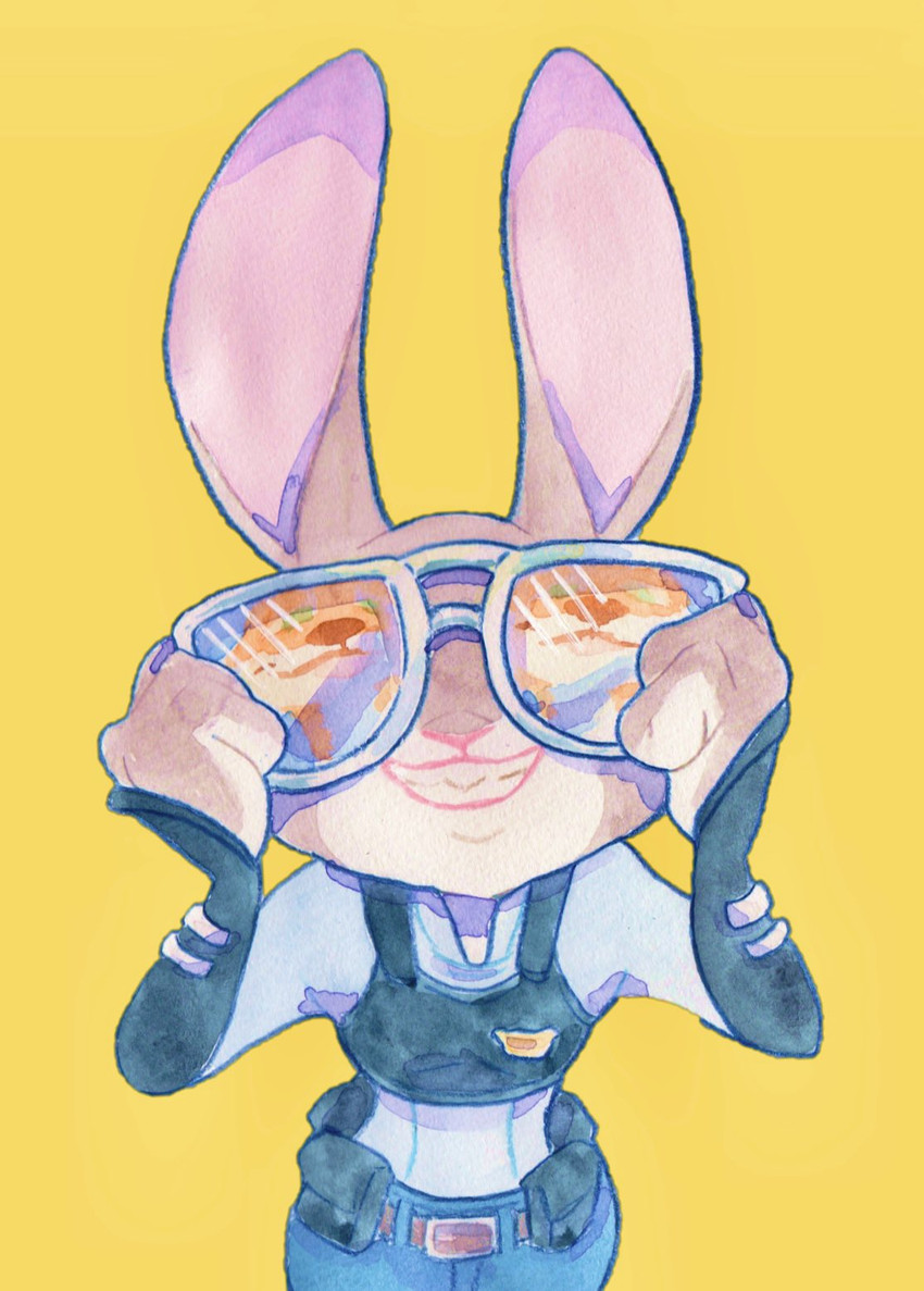 anthro belt clothed clothing eyewear female fully_clothed fur grey_body grey_fur grin holding_object police police_uniform simple_background smile solo sunglasses uniform yellow_background strawberry628_(artist) disney zootopia judy_hopps lagomorph leporid mammal rabbit 2020 hi_res painting_(artwork) traditional_media_(artwork) watercolor_(artwork)