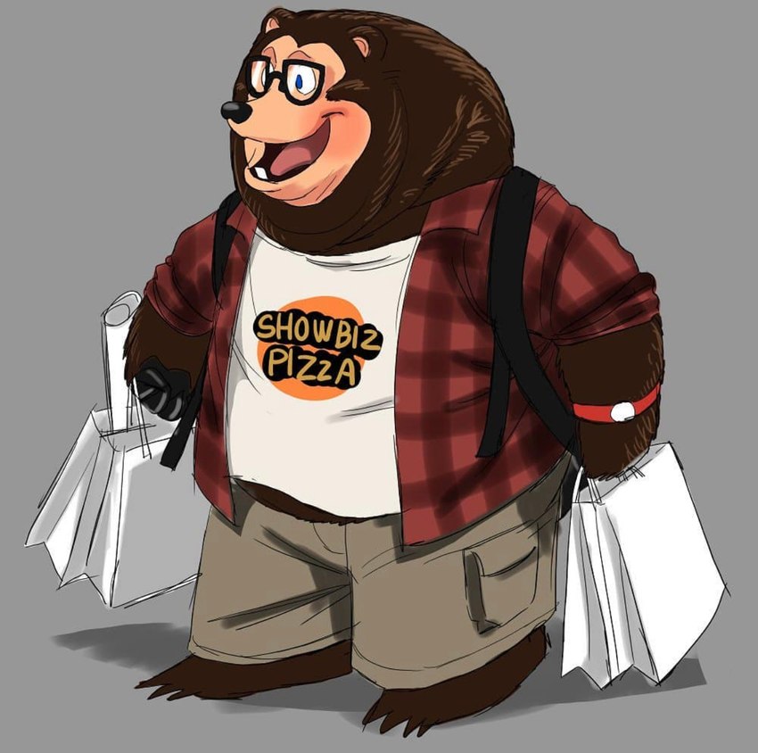 anthro backpack bracelet clock clothed clothing eyewear flannel fur glasses grey_background jewelry male overweight overweight_male shirt shopping shopping_bag simple_background smile solo text text_on_clothing text_on_shirt text_on_topwear topwear watch kotobuki529 creative_engineering_incorporated showbiz_pizza_place the_rock-afire_explosion billy_bob_brockali bear brown_bear grizzly_bear mammal ursine digital_media_(artwork) english_text hi_res