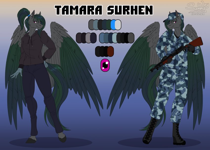 5_fingers anthro blue_bottomwear blue_clothing blue_pants boots bottomwear breasts brown_clothing brown_hoodie brown_topwear camo camo_bottomwear camo_clothing camo_pants camo_print clothed clothing combat_boots female fingers footwear front_view fully_clothed fur green_hair green_tail green_wings grey_body grey_boots grey_clothing grey_footwear grey_fur gun hair hat headgear headwear holding_object holding_ranged_weapon holding_weapon hoodie medium_breasts military military_clothing military_uniform pants patrol_cap pattern_bottomwear pattern_clothing pattern_pants pink_eyes ranged_weapon shoes slim slim_anthro slim_female smile snout solo standing tail tamara_surhen text topwear uniform weapon wings sunny_way european_mythology friendship_is_magic greek_mythology hasbro my_little_pony mythology avian hippogriff mythological_avian mythological_creature character_name digital_drawing_(artwork) digital_media_(artwork) english_text model_sheet