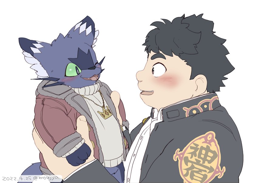 anthro black_body black_fur blush duo fur green_eyes male male/male one_eye_closed size_difference slightly_chubby wink moujya lifewonders tokyo_afterschool_summoners cait_sith_(tas) chubby_protagonist_(tas) protagonist_(tas) domestic_cat felid feline felis human mammal hi_res