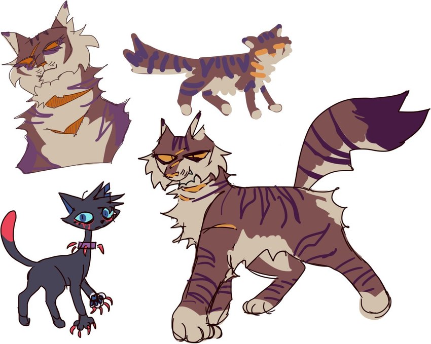 black_body black_fur brown_body brown_fur collar duo feral fur male scar simple_background smile white_background guncht warriors_(book_series) scourge_(warriors) tigerstar_(the_prophecies_begin) domestic_cat felid feline felis mackerel_tabby mammal tabby_cat model_sheet