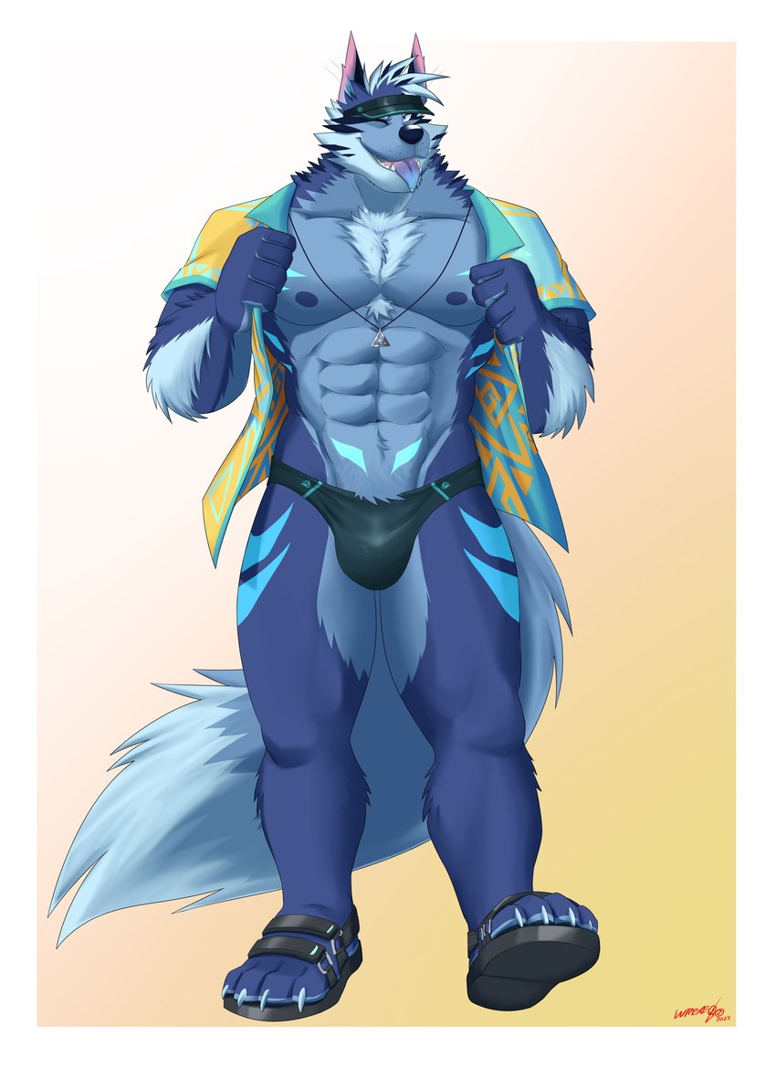 abs anthro blue_body blue_fur border bulge clothed clothing fur hair looking_at_viewer male muscular muscular_anthro muscular_male nipples pecs simple_background smile solo tongue white_border ligoexe03 ligoni lifewonders tokyo_afterschool_summoners tindalos_(tas) canid canine canis mammal wolf absurd_res digital_drawing_(artwork) digital_media_(artwork) hi_res