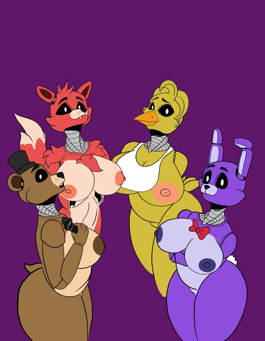 anthro big_breasts breasts brown_body curvy_figure female female/female group machine nipples purple_body red_body voluptuous yellow_body irc_(artist) five_nights_at_freddy's scottgames bonnie_(fnaf) chica_(fnaf) foxy_(fnaf) freddy_(fnaf) animatronic avian bear bird canid canine canis chicken fox galliform gallus_(genus) lagomorph leporid mammal phasianid rabbit robot absurd_res hi_res