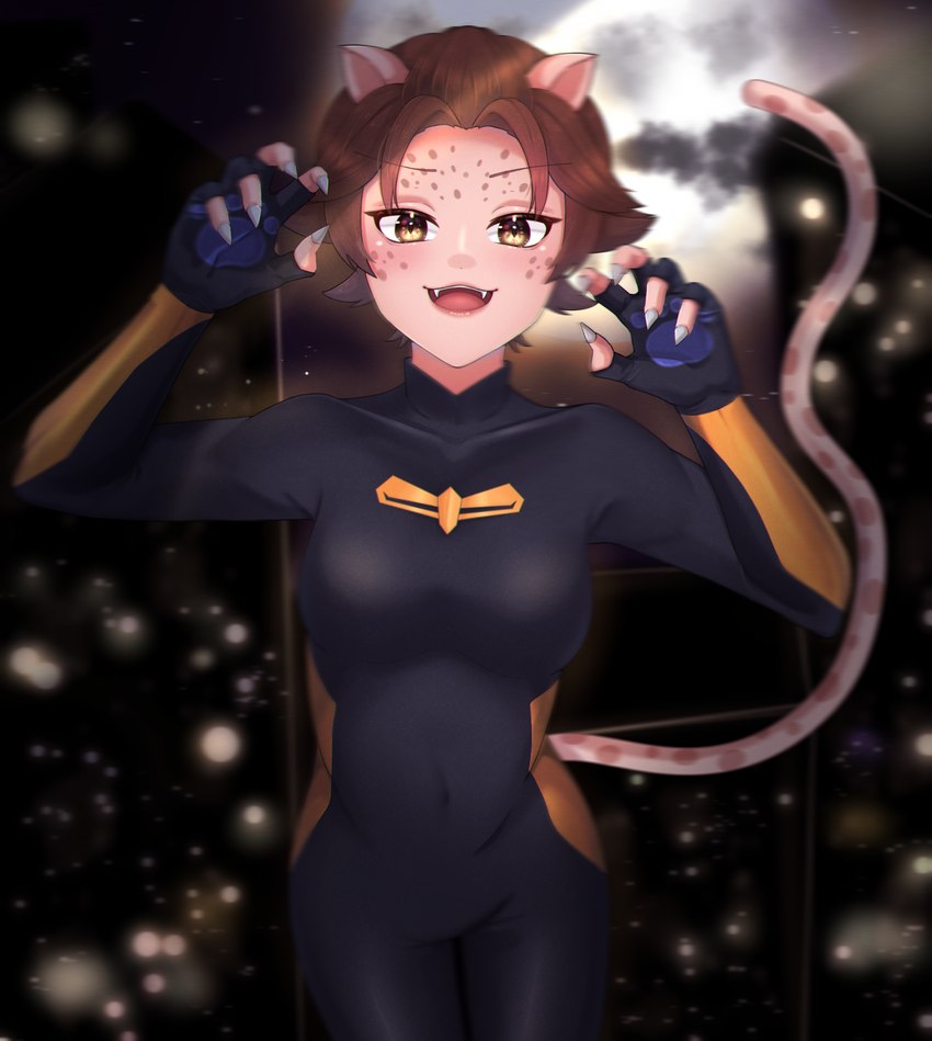 brown_hair claw_pose clothing female gloves hair handwear moon solo spots yellow_eyes sakuranboart cartoon_network leora_(hero_inside) animal_humanoid cat_humanoid felid felid_humanoid feline feline_humanoid human humanoid mammal mammal_humanoid hi_res