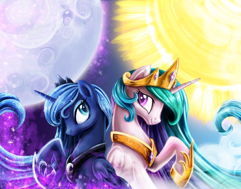 amethyst_(gem) blue_eyes blue_hair collar crown duo eyeshadow feathered_wings feathers female feral filigree gem gold_(metal) hair headgear horn jewelry makeup moon multicolored_hair necklace pink_eyes princess royalty sparkles star sun tiara wings jadedjynx friendship_is_magic hasbro my_little_pony mythology princess_celestia_(mlp) princess_luna_(mlp) equid equine mammal mythological_creature mythological_equine winged_unicorn 2015 sibling_(lore) sister_(lore) sisters_(lore)