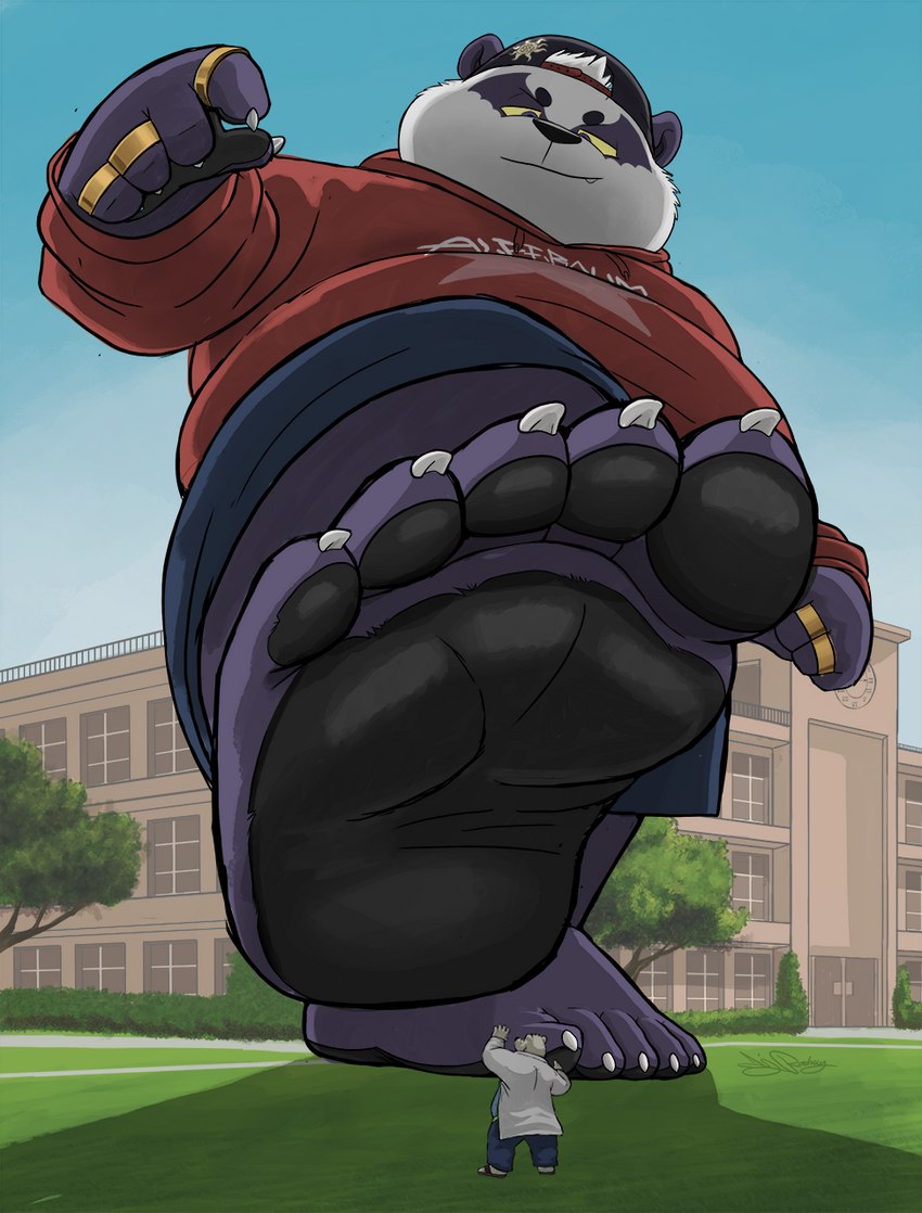 5_toes anthro barefoot city city_background claws clothed clothing duo extreme_size_difference feet foot_fetish foot_focus low-angle_view macro male overweight overweight_anthro overweight_male paws size_difference sky stomping toes dj-rodney lifewonders tokyo_afterschool_summoners alp_(tas) bear giant_panda mammal hi_res