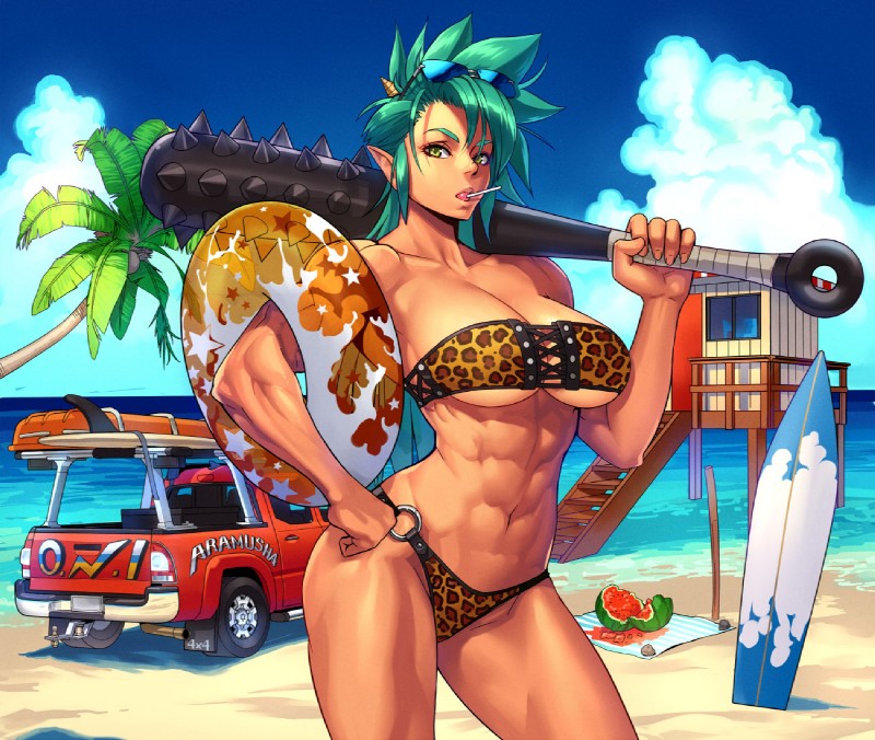 abs bat_(object) beach big_breasts bikini breasts candy cleavage clothed clothing cloud club_(weapon) dessert detailed_background eyewear female food fruit green_hair hair holding_bat holding_object holding_weapon horn humanoid_pointy_ears inflatable inner_tube kanabō lollipop melee_weapon melon muscular muscular_female muscular_humanoid not_furry plant pointy_ears sea seaside sky solo spiked_bat sunglasses surfboard swimwear tree truck_(vehicle) two-piece_swimsuit vehicle water watercraft watermelon weapon weapon_on_shoulder yellow_eyes ogami asian_mythology east_asian_mythology japanese_mythology mythology demon humanoid oni yokai 2016