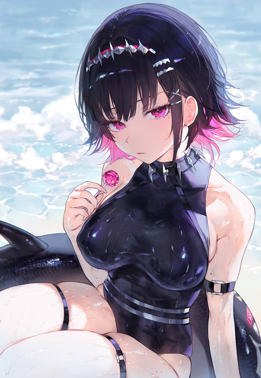 arm_strap bangs bare_shoulders big_breasts black_clothing black_one-piece_swimsuit black_swimwear breasts candy clothing collar dessert female fish_tail food hair holding_candy holding_food holding_lollipop holding_object lollipop looking_at_viewer mole_under_eye nipple_outline one-piece_swimsuit pink_eyes sea shark_tail short_hair sitting skindentation solo spiked_collar spikes swimwear tail thick_thighs thigh_strap water wet wet_body wet_clothing wet_swimwear wet_tail qiandaiyiyu mihoyo zenless_zone_zero ellen_joe_(zzz) animal_humanoid fish fish_humanoid humanoid marine marine_humanoid shark_humanoid tailed_humanoid thiren absurd_res digital_drawing_(artwork) digital_media_(artwork) hi_res