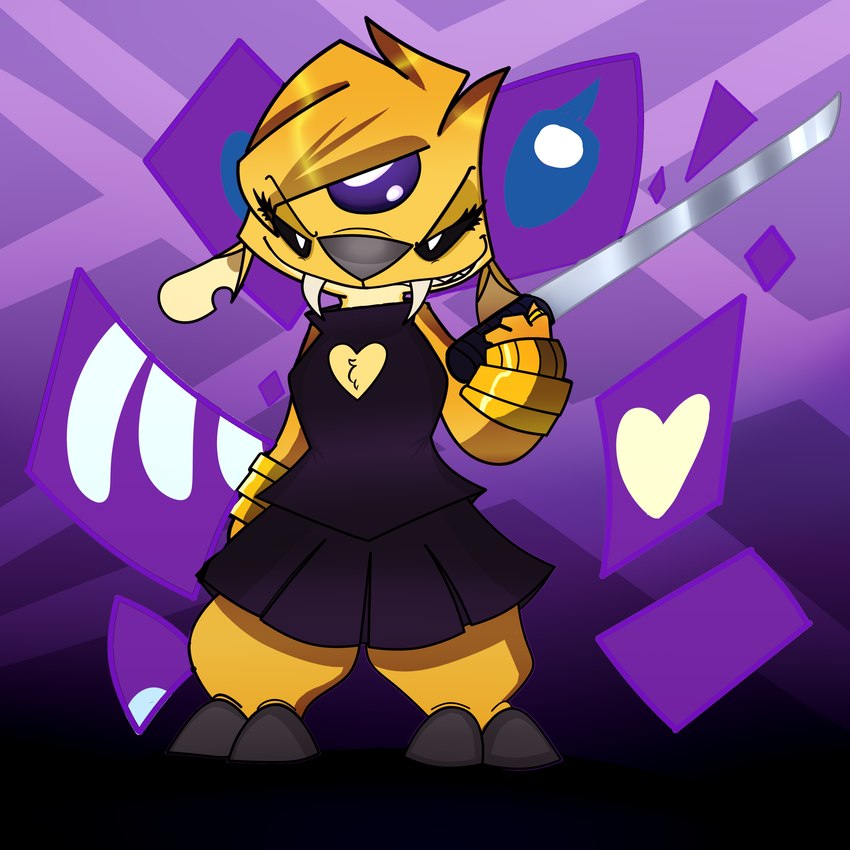 2_toes abstract_background black_eyes bracelet chest_tuft clothing dress evil_grin fangs feet female forehead_gem fur gem grey_nose heart_symbol holding_melee_weapon holding_object holding_sword holding_weapon jewelry melee_weapon notched_ear outline pupils ring_(jewelry) smile solo standing sword teeth toes tuft weapon white_pupils yellow_body yellow_fur ryuko_rose disney lilo_and_stitch stitch! fan_character witch_(ryuko_rose) witch_(stitch!) alien experiment_(lilo_and_stitch) 1:1 2019 absurd_res digital_drawing_(artwork) digital_media_(artwork) hi_res