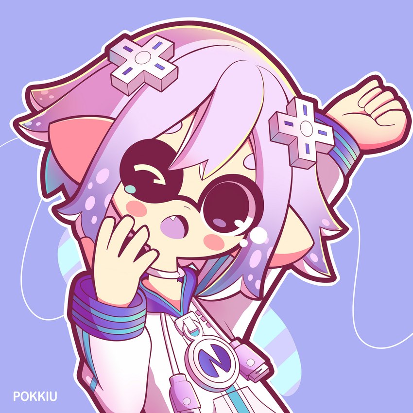 accessory clothed clothing d-pad eyemask eyewear female hair hair_accessory jacket one_eye_closed open_mouth pointy_ears pseudo_hair purple_eyes purple_hair simple_background solo tentacle_hair tentacles topwear pokkiu hyperdimension_neptunia nintendo splatoon inkling_girl neptune_(neptunia) animal_humanoid cephalopod cephalopod_humanoid cpu_(goddess) humanoid inkling marine marine_humanoid mollusk mollusk_humanoid absurd_res artist_name digital_media_(artwork) hi_res