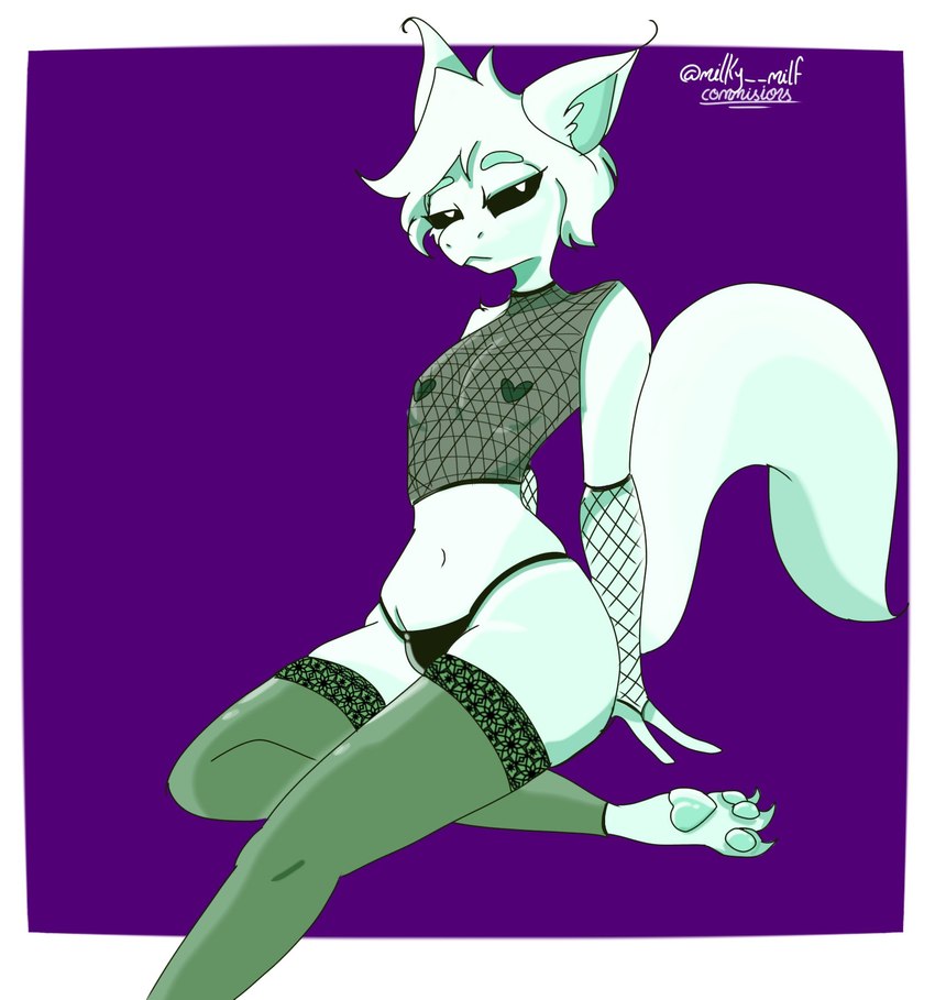 antennae_(anatomy) anthro armwear bulge clothed clothing crossdressing femboy fishnet_armwear fishnet_clothing fishnet_topwear legwear looking_at_viewer male pasties pawpads solo stockings tail thong topwear underwear milky_milf apollo_caelum gieeg hi_res