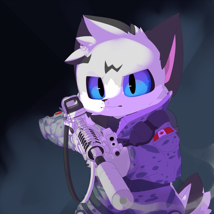 abstract_background ambiguous_gender anthro assault_rifle backpack black_background black_ears black_markings black_nose black_sclera black_tail blue_eyes camo canadian_flag clothing front_view fur furgonomics gradient_background grey_background grey_body grey_clothing grey_fur grey_tail gun gun_smoke looking_at_viewer maple_leaf markings military_uniform multicolored_body multicolored_fur multicolored_tail pink_inner_ear pupils ranged_weapon rifle silencer simple_background smoke snout solo straps tail uniform weapon white_body white_fur white_tail presto_(artist) verk_(presto) felid feline lynx mammal 1:1 alternate_version_at_source digital_media_(artwork) hi_res