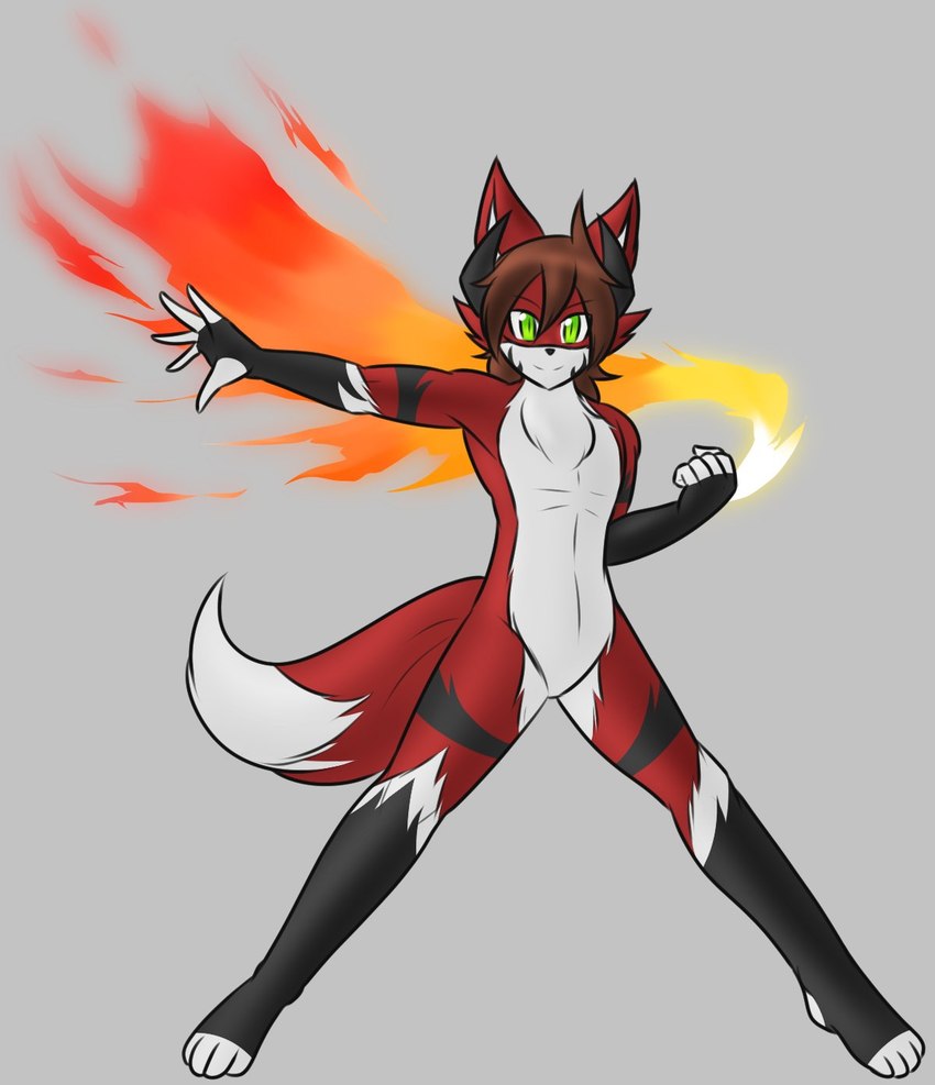 anthro black_body black_fur brown_hair chest_tuft dipstick_tail featureless_crotch fire fur gloves_(marking) green_eyes hair leg_markings male markings multicolored_body multicolored_fur red_body red_fur simple_background smile socks_(marking) solo tail tail_markings tuft white_body white_fur tetsushi nigel_fumei canid canine embereon fox mammal hi_res